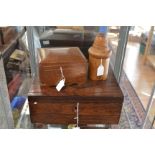 Sewing box with contents plus a musical jewellery box and a fruitwood container (3)