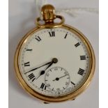 A 9ct pocket watch, white enamel dial with black Roman numerals and subsidiary dial,