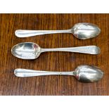 Three silver Hester Bateman teaspoons, marks rubbed, bright but decoration to handles,