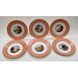 A set of six Derby porcelain dessert plates, each painted with scenes within peach borders,