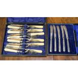 A cased set of fish knives and forks with silver ferrules Sheffield 1919,