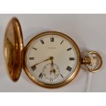 A 9ct gold full hunter pocket watch, white enamel dial inscribed Trojan, subsidiary dial,