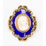 Cameo brooch with blue enamel surround