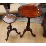 Two mahogany reproduction wine tables, one with bird cage movement,