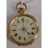 A 14ct gold ladies pocket watch, white enamel dial, numerals, gilt decoration to dial,