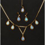 A collection of 9ct gold and opal jewellery to include a drop necklace comprising five pear cut