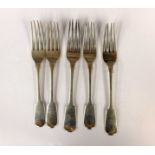 A collection of five various Georgian and later silver table forks, of various makers and dates,