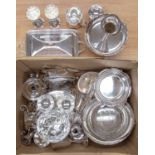 Assorted silver plated hollowares, to include a dessert stand, epergne, goblets,