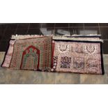 Blue ground silk rug/carpet 183 cm x 180 cm along with a small red ground woollen rug.
