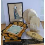 Ivory clothes brush, mop shell, two onyx book ends, Lloyds of London ashtray, print,