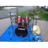 Sonor Delite four piece drum kit, with brass Ludwig snare drum, Zildjian three cymbals,