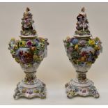 A large pair of Potschappel Carl Thieme flower encrusted vases covers and stands,