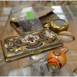 A collection of miscellaneous items including rectangular Middle Eastern brass bound inlaid card