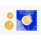 Two Arabic gold coins, in the form of sovereigns, stamped 21K and another smaller,