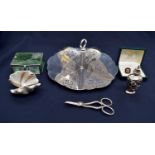 A Mappin & Webb partitioned sandwich dish with loop handle; an Italian silver plated bottle;