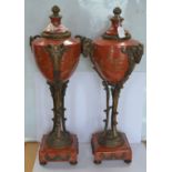 A large pair of decorative covered ceramic garnitures in cast metal mounts (s.
