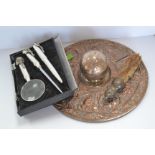 Early 20th Century inkwell Sheffield plated famous People of the World with a globe ink well plate