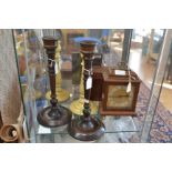 19th Century tea caddy and two pairs of candle sticks and mantle clock