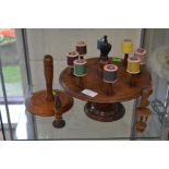 Victorian cotton wheel stand mahogany along with yarn spinner and other sewing items