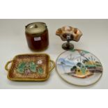 A parcel lot; a 20th Century Majolica basketweave dish; a amethyst colour carnival glass Tazza;