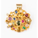 A yellow metal and gem-set pendant, set with diamond, ruby, emerald, sapphire, pearl, amethyst,