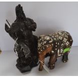 Resin figure of Japanese warrior along with a wood and ivory Indian elephant