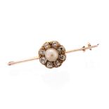 A Victorian pearl and diamond round cluster yellow gold bar brooch,