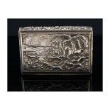 Hunting interest: A George IV silver snuff box cast in relief with a hunting scene of huntsman and