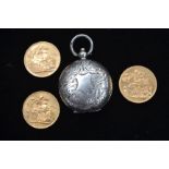 Three gold Sovereigns (1912, 1913, 1914) with silver Sovereign holder, foliate decoration,
