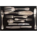 An early 20th Century French silver six piece Fiddle and Thread pattern flatware service including: