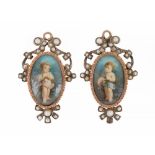 A pair of Georgian painted miniatures and seed pearl set drop earring pendants,