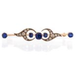 An Edwardian blue sapphire and diamond set yellow gold bar brooch,