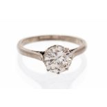 A diamond solitaire platinum ring, the round brilliant- cut diamond approx 2.