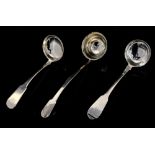 Three 18th and 19th Century Fiddle pattern whiskey/brandy ladles, each handle engraved,