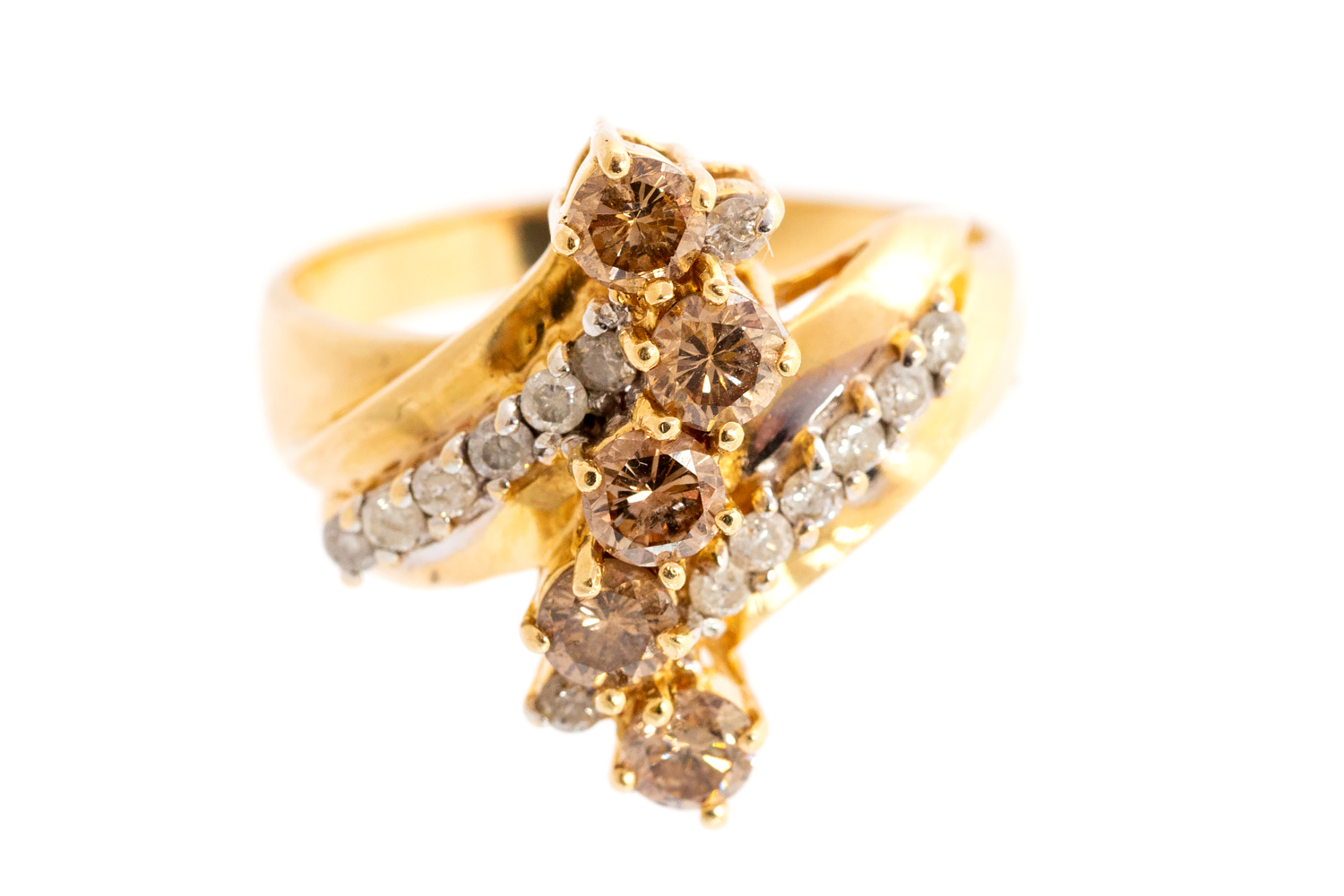 A champagne and white diamond fancy cluster 14k yellow gold ring,