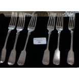 Six various silver fiddle pattern dessert forks, various dates and makers, 8.65 ozt (268.