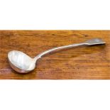 A George IV silver fiddle pattern soup ladle, the handle engraved with a crest, William Eaton,