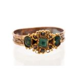 An early emerald three-stone and rose cut diamond set ring, assessed as Georgian,