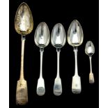 A George III fiddle pattern silver basting spoon, the handle engraved with an initial,