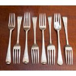 Eight George III Sterling silver table forks, various late Eighteenth Century,