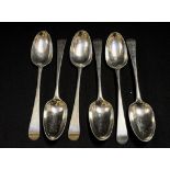 A very good quality set of six early George III sterling silver old English pattern tablespoons,