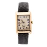 An Art Deco gent's 9ct gold wristwatch, 2cm rectangular dial with subsidiary dial,