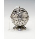 An Edwardian silver string holder, spherical shape on circular foot,