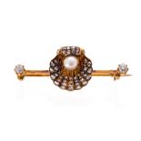 An Edwardian rose-cut diamond and pearl set bar brooch, with central scallop shell motif,