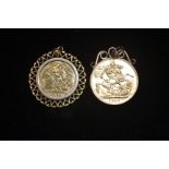 Sovereign and Half Sovereign pendant, full Sovereign dated 1915, the Half Sovereign dated 1982,