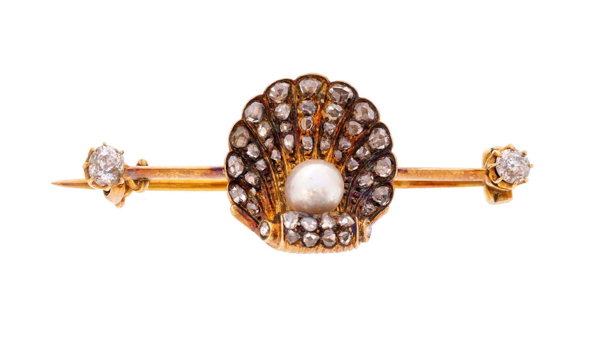 An Edwardian rose-cut diamond and pearl set bar brooch, with central scallop shell motif, - Image 2 of 2