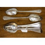Six George III Old English pattern tablespoons, four engraved with initials, includes two pairs,
