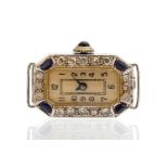 A ladies Art Deco diamond and sapphire set platinum cocktail watch,