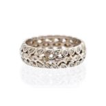 A diamond set white gold band ring, three rows of diamonds,