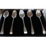 Five George III Old English Pattern silver table spoons, various dates and makers, 10.79 ozt (334.